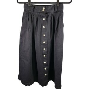 Vintage Daisy Ind‎ Button Front Midi Skirt Womens Black Cotton Pleated Made Fiji